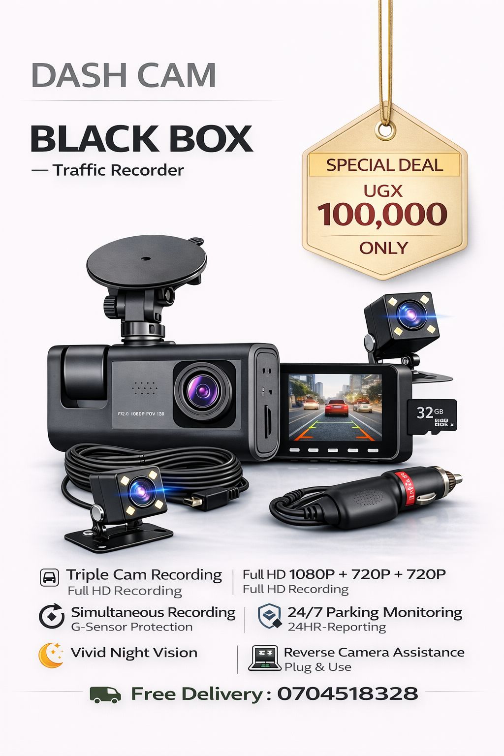 🔥 HOT DEAL | 🚗 DASH CAM (FRONT, REAR & INSIDE CAMERAS + MEMORY CARD SUPPORT) 📹 – BLACK BOX TRAFFIC RECORDER – UGX 100,000/=